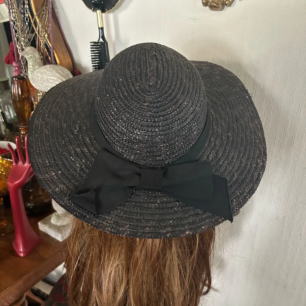 Vintage Black/Brown Straw Wide Brim Derby Hat